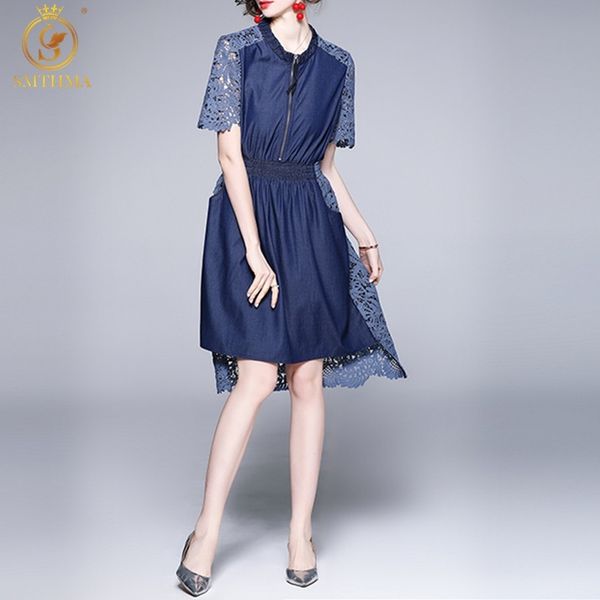 

women summer designer elegant lace patchwork denim dress slim office party robe female vintage irregular vestidos 210520, Black;gray