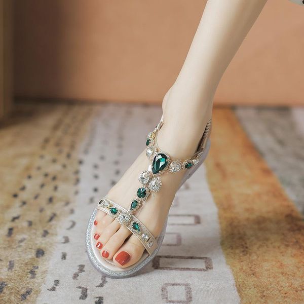 

sandals plus size women rhinestone wedge all-match fashion flat-bottomed elegant ladies women's beach vacation woman shoes, Black