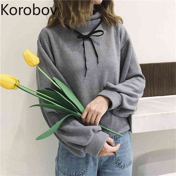 

korobov autumn winter half turtleneck women hoodies korean long sleeve preppy style female sweatshirts harajuku solid outwear 210430, Black