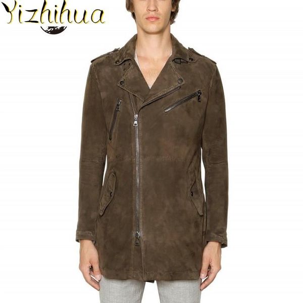 

men's leather & faux luxury 100% sheepskin mens suede long jacket motorcycle genuine trench coat male biker zipper streetwear jackets, Black