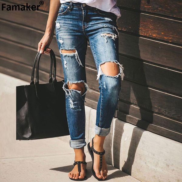 

women's jeans famaker vintage hole y2k women ripped boyfriend midi waist distressed mom pencil denim pants streetwear trousers, Blue