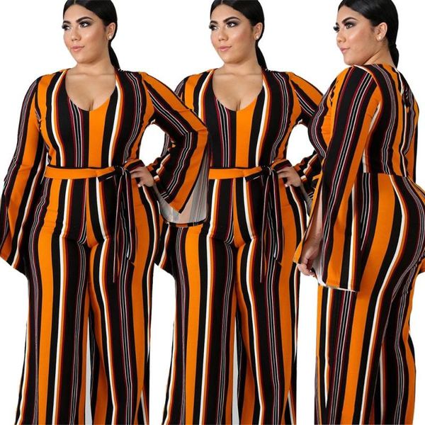

women's jumpsuits & rompers open-sleeved striped print large size jumpsuit healthy atmosphere fashion charm casual suit including belt, Black;white