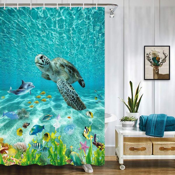 

ocean animals shower curtain, turquoise seawater underwater fantasy ocean sand wolrd with sea turtle dolphin fish seaweed sea