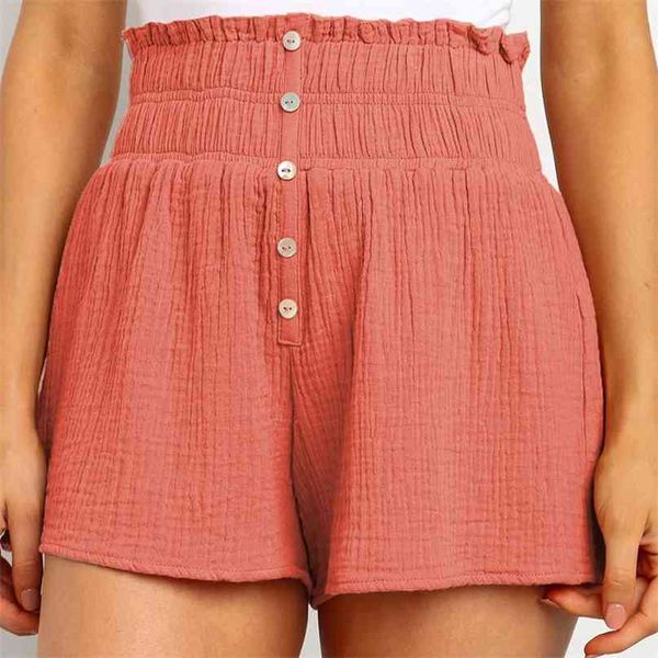 

folds solid color elastic waist shorts women casual loose streetwear high button decoration straight beach short pants 210603, White;black