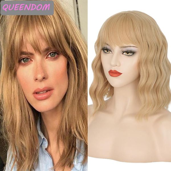 

synthetic wigs honey blonde short water wave wig 14 inch natural hair with bangs heat resistant lolita cosplay for women, Black