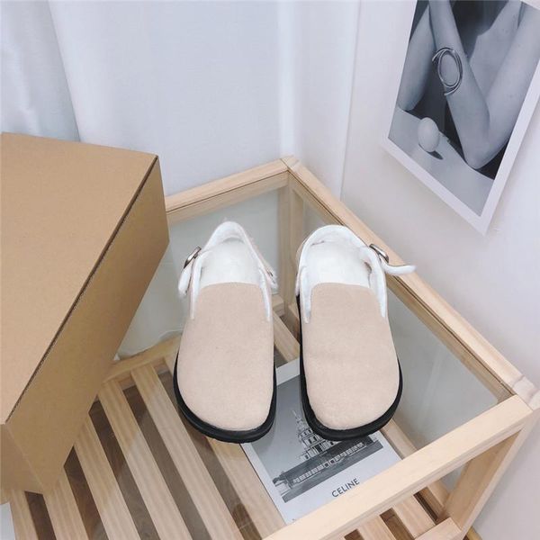 

sandals 2021 fashion genuine leather luxury fur women designer brand round toe back strap flat shoes ladies comfortable, Black