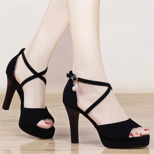 

summer new womens ultra-heeled sandals with buckle trend fashion wild womens shoes1, Black
