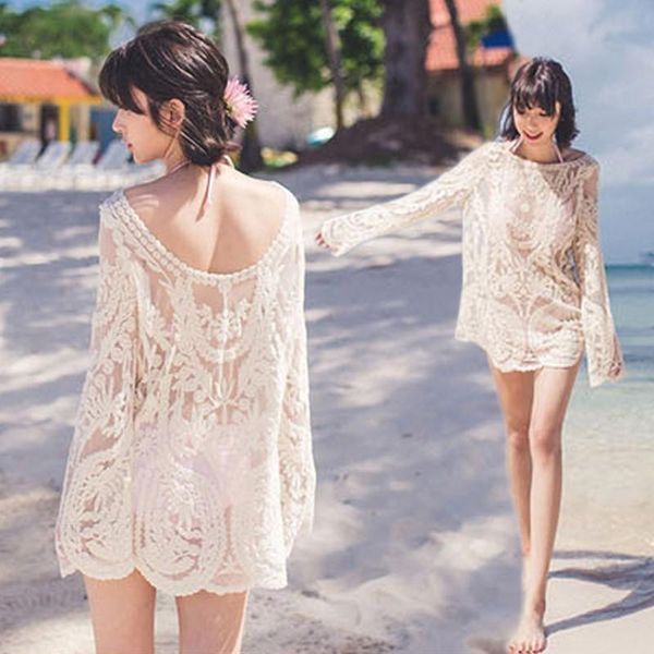 

women's swimwear long sleeve bikini smock sunscreen beach wear dress summer seaside swimsuit coat mesh kaftan robe de plage tunic saron, White;black