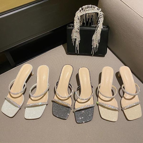 

summer elegant women medium heels slippers rhinestone slides all-match one word with external wear lady dress shoes, Black