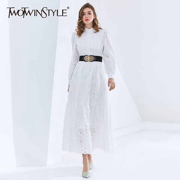 

twotwinstyle hollow out black dress for women stand collar lantern sleeve high waist sashes midi dresses female fashion 210517, Black;gray