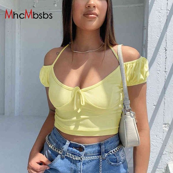 

women's t-shirt sweet kawaii girls pink halter tshirt women summer 2021 cute puff sleeve crop streetwear y2k 90s vintage skin, White