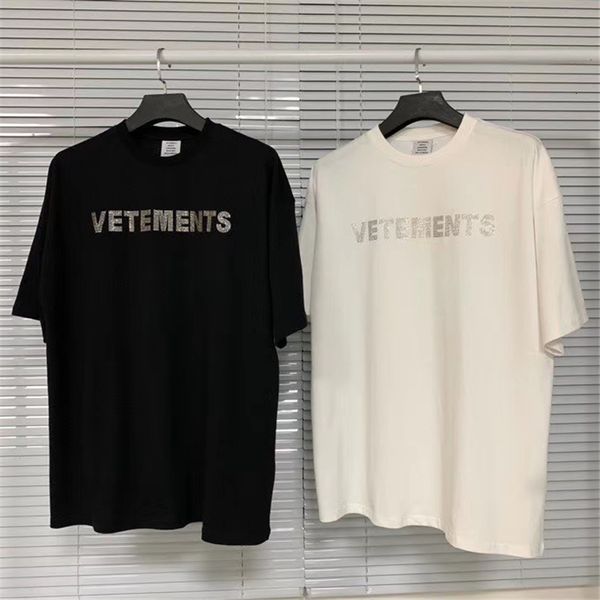 

t shirt fw vetements rhinestones t shirts men women flash drilling embroidery vtm t-shirts streetwear cotton tees, White