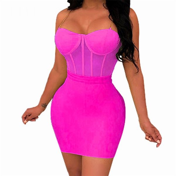 Frauen Sommer Sexy Kette Spaghetti Strap Mini Kurzes Kleid Ärmellos Ausgehöhlt Sehen Durch Mesh Bodycon Verband Party Kleider 210517