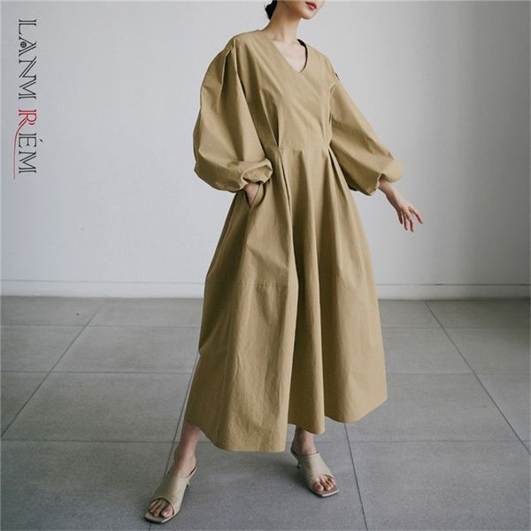 

summer long dress loose large size lantern sleeve v neck dresses casual fit female fashion 2h197 210526, Black;gray