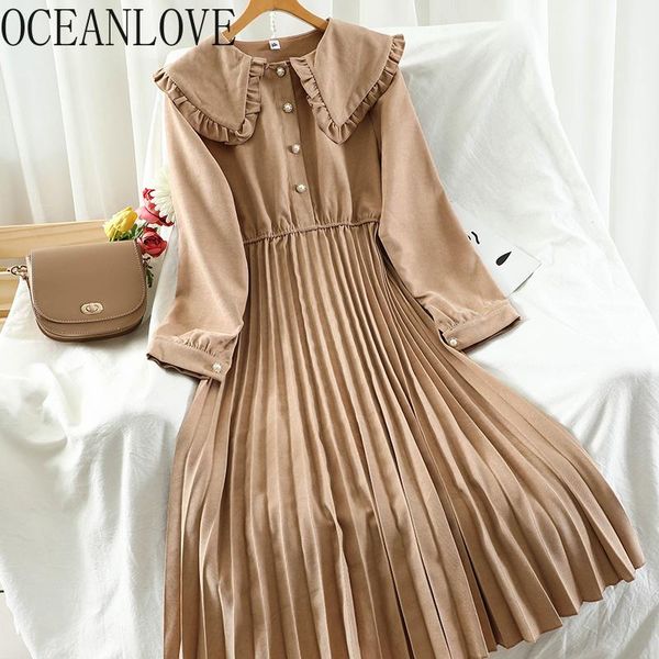 

casual dresses oceanlove pleated women dress autumn solid sweet korean chic a-line vestidos long vintage robes ladies 18291, Black;gray