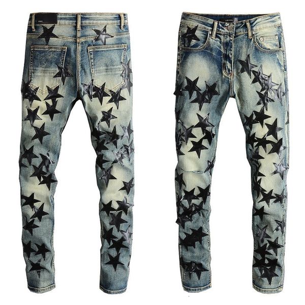 

fashion us am casual hip hop high street worn out washed pentagram leather label jeans man #694, Blue