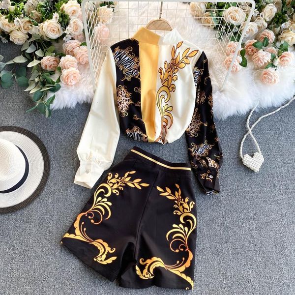 

two piece dress 2021 spring arrivals vintage printed set women suit long sleeve blouse high waist shorts outfits ml607 nmdn, White