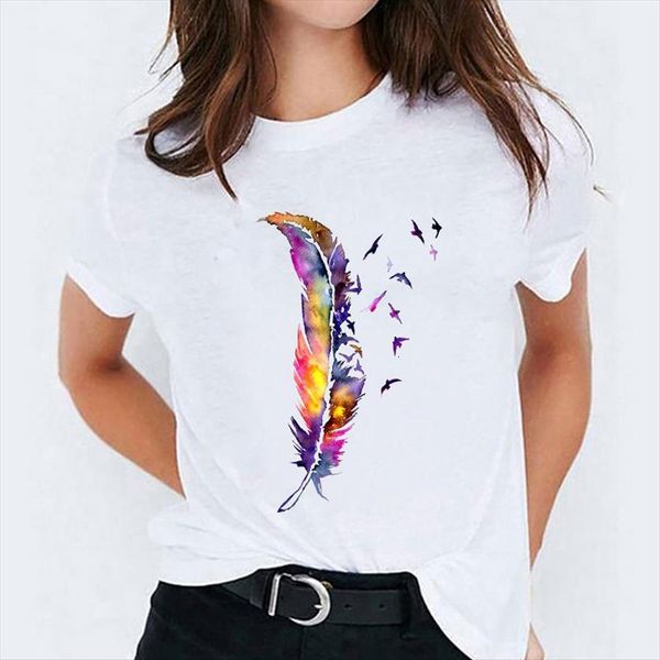 

watercolor feather bird cute women trend clothing print lady womens graphic shirt ladies female tee, White