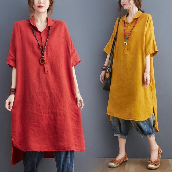 

women's blouses & shirts big size summer women fashion elegant solid color ladies female plus large short sleeve long cotton linen blo, White