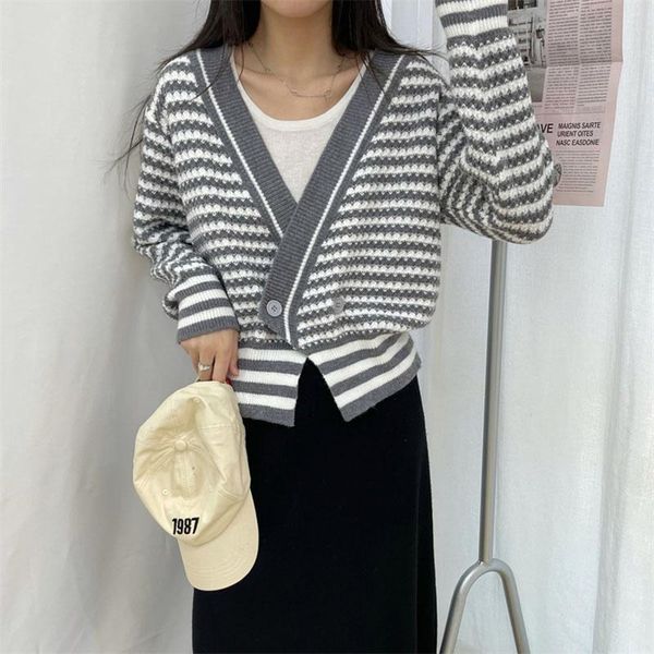 

women's knits & tees women striped autumn v-neck casual cardigan with button female loose long sleeve fashion knitted cardigans sweater, White