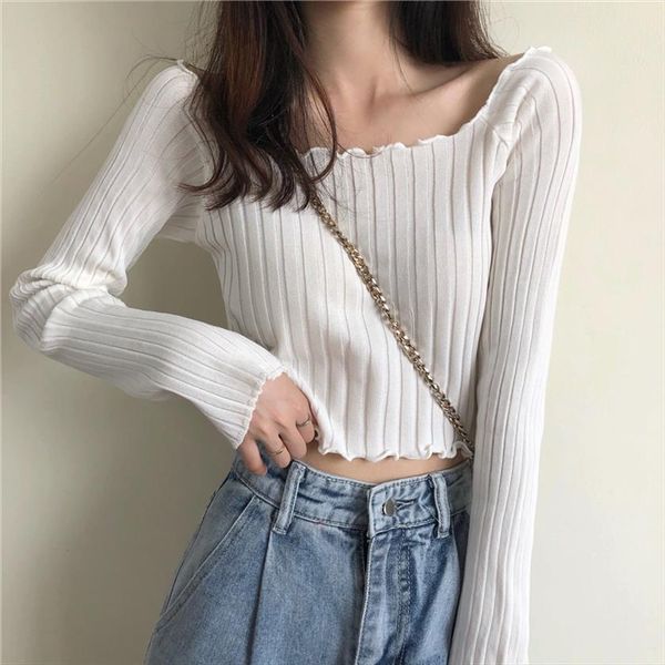 

winter fashion navel bare women sweaters cropped chic wave edge casual lady knitted pullovers short solid, White;black