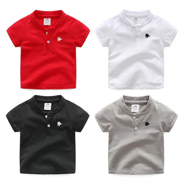 Sommer Mode Baumwolle Stickerei Kurzarm Mandarin Kragen Einfarbig Hübsches V-ausschnitt T-Shirt Für Baby Kinder Jungen 210529