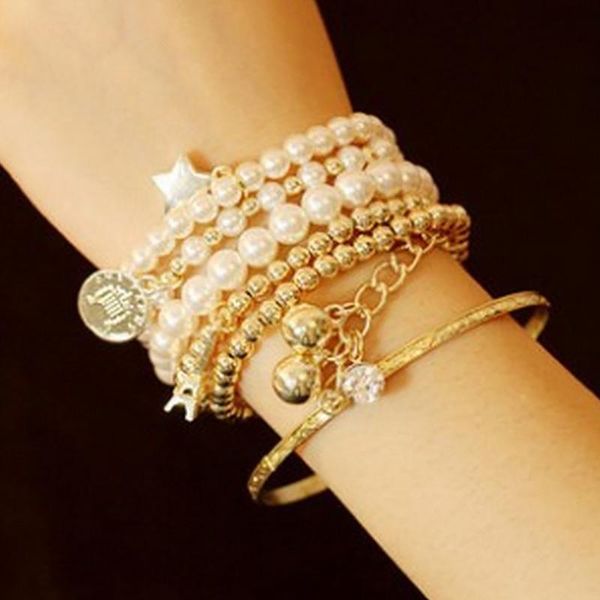 

link, chain fashion multi-layer stretch bracelet female jewelry elegant for women tower girl pearl vintage, Black
