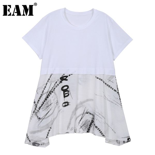 

[eam] women white pattern printed irregular big szie t-shirt round neck short sleeve fashion spring summer 1dd8716 210512