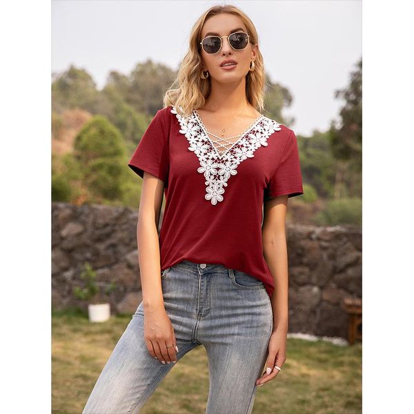 

women's t-shirt deep v-neck hollow lace stitching loose round neck contrast short sleeve 2021 clothing, White