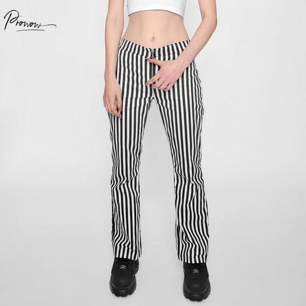 

women's pants & capris prowow fashion women flare black white striped front zipper female ladies casual high waist clothes