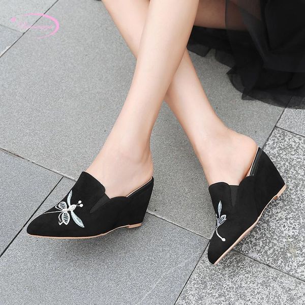 

slippers korean sweet style pointed toe flock summer fashion stretch insect embroidered high heel wedge women's shoes, Black