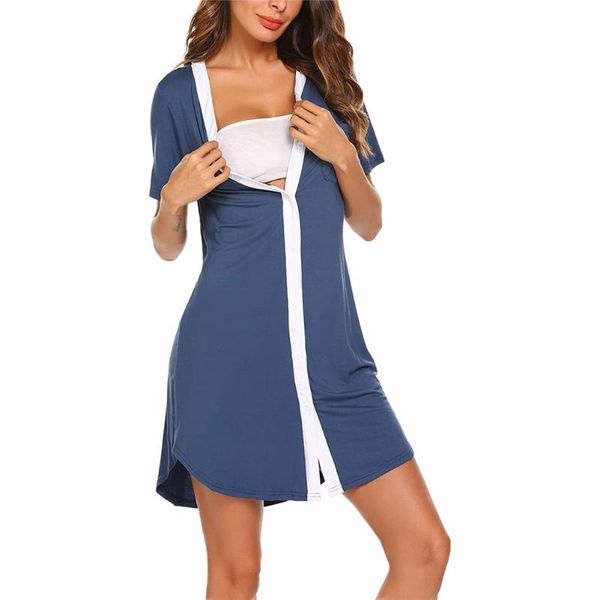 

pregnant women's clothing skirt round neck short sleeve open button breast-feeding dress casual home maternity woman dresses, White