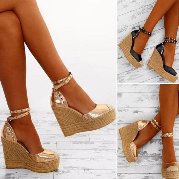 

summer women high heels platform sandals wedges beach espadrille shoes gladiator rivet ankle strap ladies pumps big size, Black
