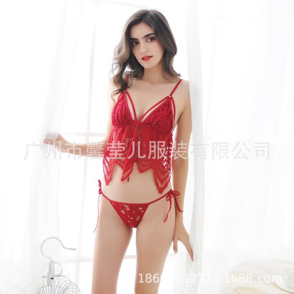 

fun suit lace jacquard strap suspender pajamas, Red;black