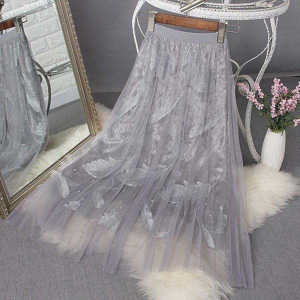 

spring summer beading embroidery leaves elegant womens skirt sweet girls tulle high waist midi long, Black