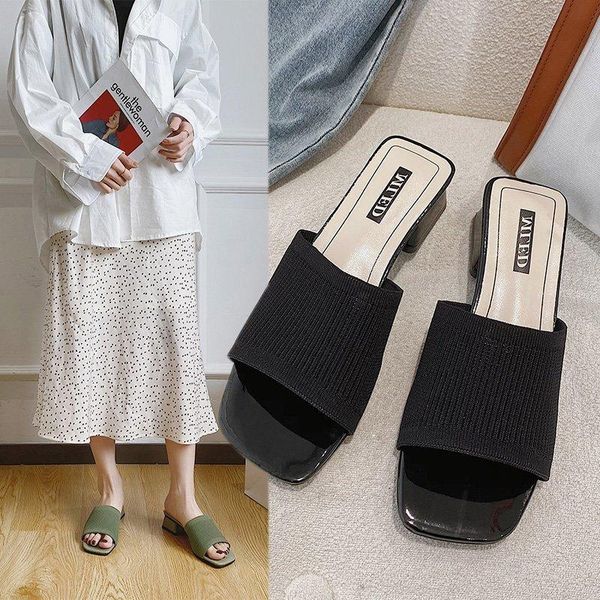 

slippers casual shoes med slides slipers women square heel luxury summer 2021 soft block fashion hoof heels rome fur rubber shea, Black
