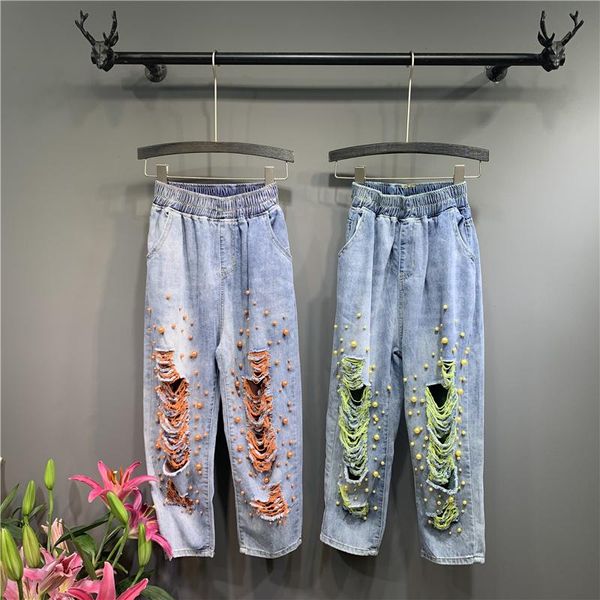 

women's jeans summer womens denim ripped holes streetwear bf feminino harem pants beading embroidered flares trousers, Blue