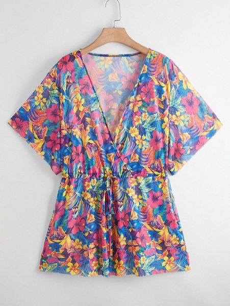 

plus floral & tropical print cover up 23zg#, Black
