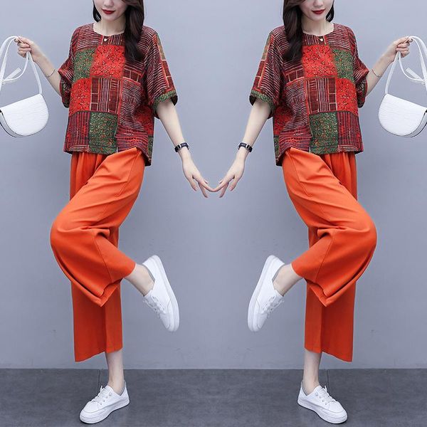 

women's two piece pants 2021 summer colorful plaid cotton linen loose casual female short sleeve sets lady vintage style women suits, White