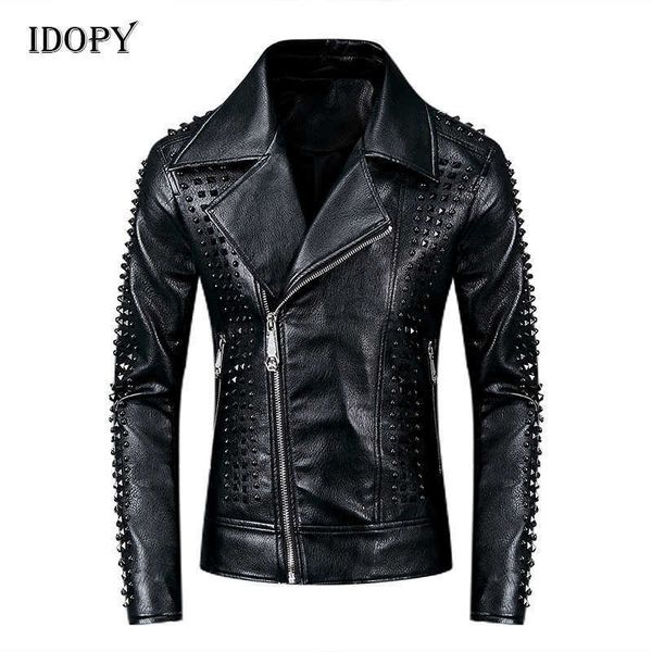Idopy мужские кожаные куртки в стиле панк с черными заклепками мотоциклетные кожаные куртки с шипами в готическом стиле, облегающие байкерские кожаные пальто для мужчин 211009