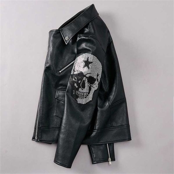 

pp skull head autumn winter fashion plein leather jacket men casual hip-hop punk man leather coat giacca di pelle 211118, Black