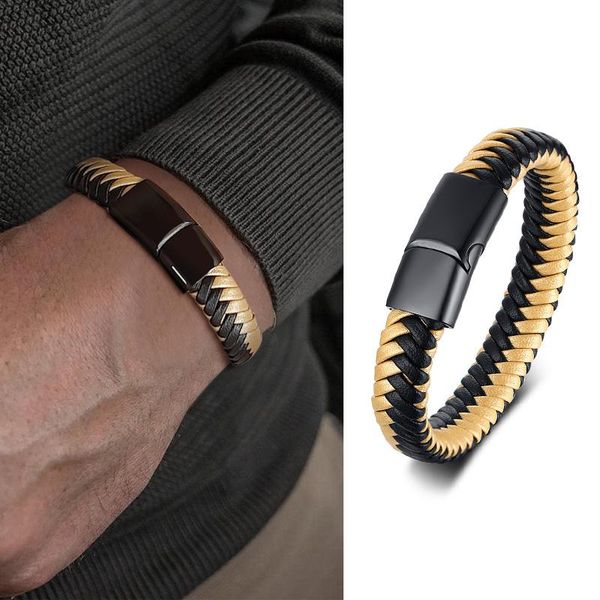 

link, chain bracelet for men,paracord style bracelet.woven leather and stainless steel , mens jewelry, Black