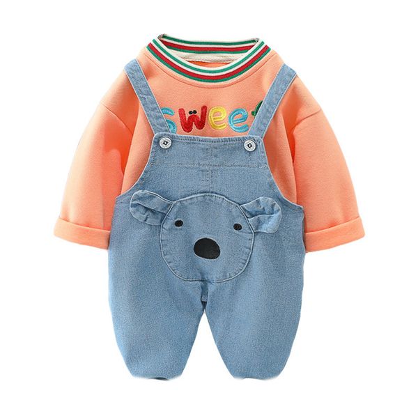 

fashion kids cotton clothing sets 1-4t baby boys& girls solid with letters cartoon designer denim overalls sweater+suspenders jeans=2pcs/se, White