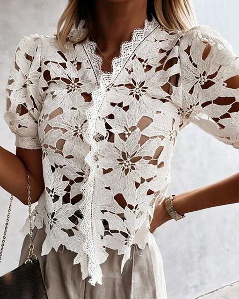 

women's t-shirt eyelash guipure lace cutout puff sleeve top, White