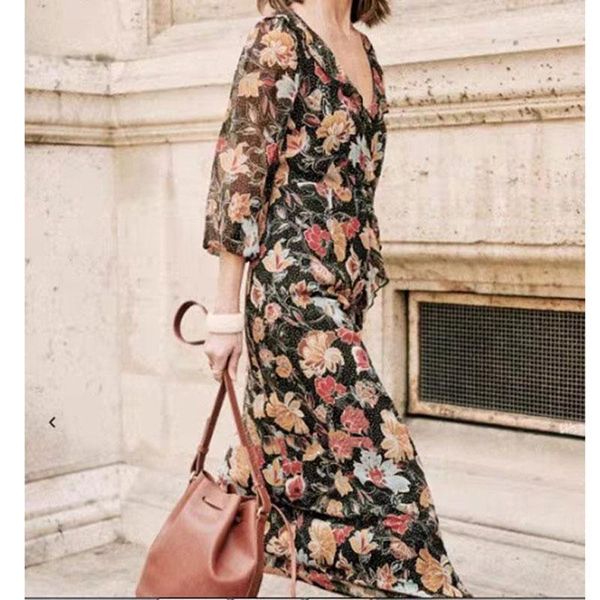 

women dresses wavelet print dress 2021 spring and summer elegant retro v-neck casual, Black;gray