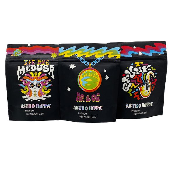 

wholesale astro hippie mylar bags 3.5g black stand up pouch holographic film front clear window back