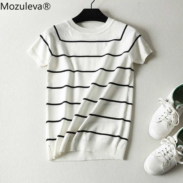

mozuleva women o-neck striped print knitted shits short sleeve summer casual t-shirt fashion pullover basic 210706, White