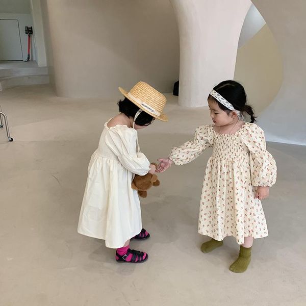 

girl's dresses children 2021 spring dress girls floral bubble sleeve cotton princess baby kids waist fashion square collar, Red;yellow