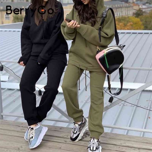 

berrygo casual hooded sweatshirt suit fashion sports long sleeve loose casual autumn winter women's two piece set 210513, White