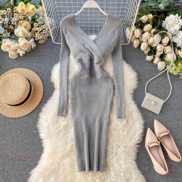 

casual dresses slim v neck autumn knitted sweater midi dress bodycon party long sleeve winter women pencil vestidos mn5u, Black;gray